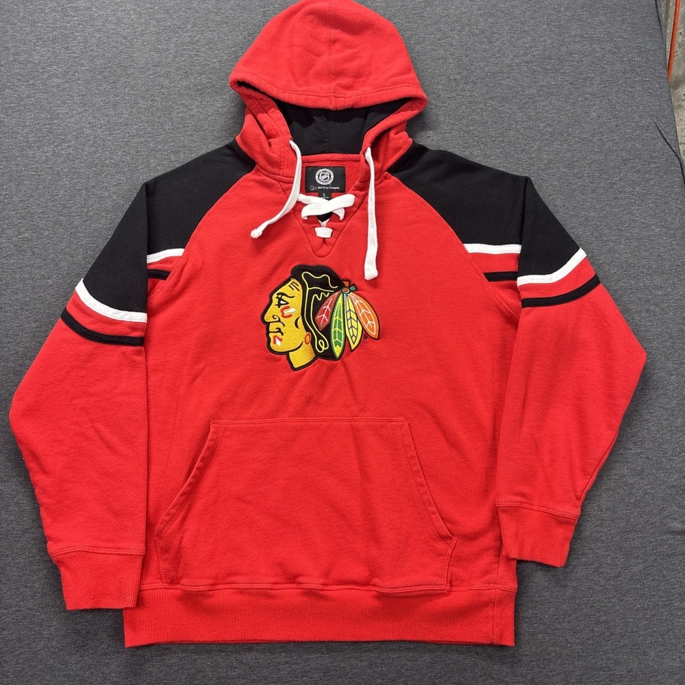 NHL Chicago Blackhawks Hoodie Mens Large Red Lace Up Pullover Striped Hockey